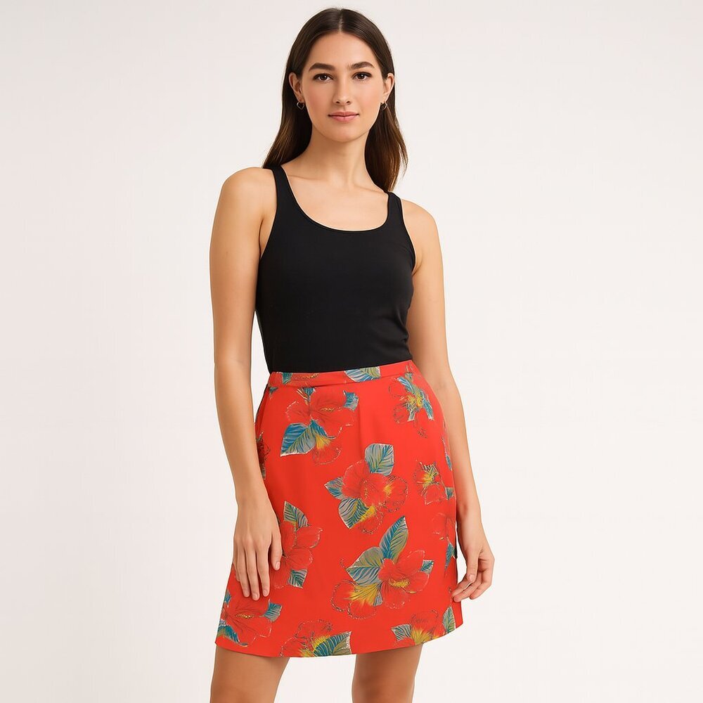 Vintage 90s Silk Red Floral Pencil Skirt | Y2K Tropical Club Mini | Vacation EUC